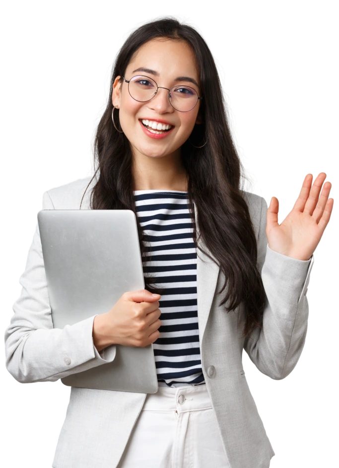 mulher acenando com uma mao e segurando tablet com a outra